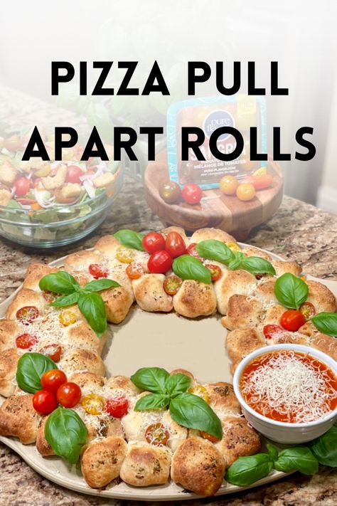 These 8 ingredient Pizza Pull Apart Rolls are made with store-bought pizza dough and filled with your favorite toppings. This pull apart bread is shaped like a wreath and a perfect appetizer for the holidays. Pizza Pull Apart Bread With Biscuits Easy Recipes, Pizza Dough Ring Pull Apart, Pizza Pull Apart Rolls, Pull Apart Pizza Bread Pillsbury Crescent Rolls, Christmas Wreath Pull Apart Bread, Pizza Bread Appetizer, Dinner321 Recipes, Pizza Dough Appetizers, Wreath Pizza