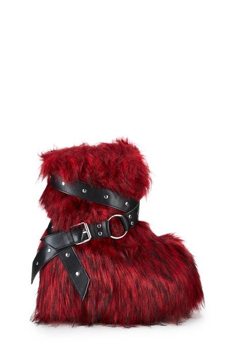 Fur Platform Boots, Techwear Streetwear, Unusual Clothes, Dolls Kill Shoes, Red Dolls, Sequin Boots, Red Fur, Preformance Outfits, Hi Fashion