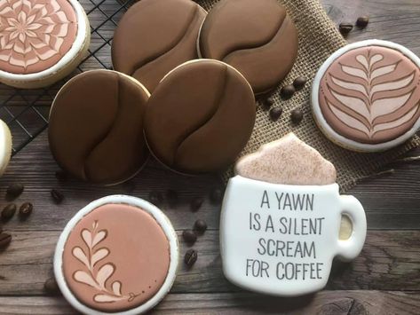 Coffee Themed Cookies Decorated, Coffee Shaped Cookies, Coffee Mug Cookie, Coffee Mug Decorated Cookies, Coffee Bean Cookies Decorated, Coffee Royal Icing Cookies, Mug Cookie Decorated, Coffee Theme Cookies, Coffee Shop Cookies