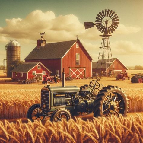 Step into a world of nostalgia with this beautifully crafted vintage farm scene. Scarecrow Art, Steampunk Vehicle, Farm Scenes, Farm Paintings, Farmall Tractors, Barn Art, Wall Art Rustic, Pinterest Ideas, Farm Scene