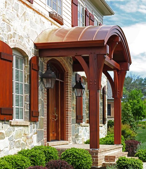 Timber Framed Clear Cedar Porch with Standing Seam Copper Roof.  Now this is nice porch Porch Beams, Copper Awning, Front Door Awning, Pergola Ideas For Patio, Timber Frame Porch, Pool Pergola, Garage Pergola, Stone And Wood, Porch Roof