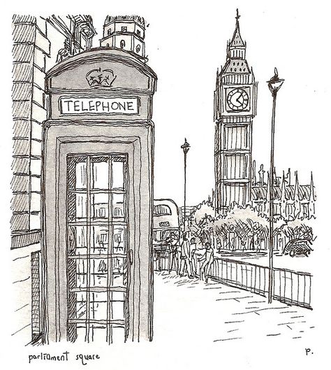 Londres Sketches City, Streets Drawing, London Drawing, London Streets, Small Drawing, Telephone Booth, Architecture Drawing Art, Drawing Simple, Travel Sketches