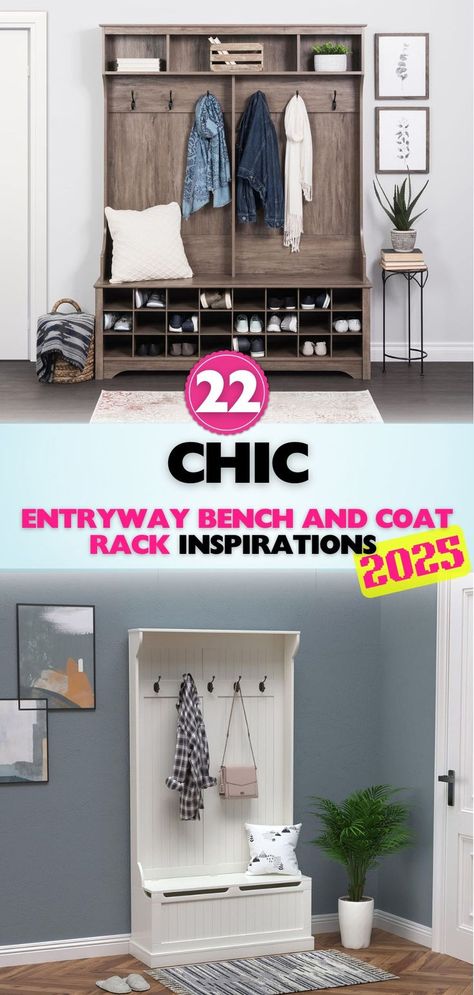 Explore modern and classic entryway benches with coat racks to keep your home clutter-free. Shoe Storage With Coat Rack, Entryway Bench Coat Rack Shoe Storage Diy, Entryway Bench And Coat Rack, Entryway Coat Rack Ideas, Coat Rack Wall Entryway, Entryway Bench Coat Rack, Classic Entryway, Bench And Coat Rack, Coat Rack Ideas