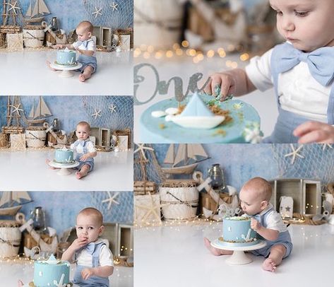 Amesbury Cake Smash Photographer - Nautical Session Smash Cake Ocean Theme, Nautical 1st Birthday Boy, Nautical Cake Smash, Sailor Cake, Cake Smash Photoshoot, Boat Cake, Cake Smash Photo Shoot, Smash Photoshoot, Beach Themed Cakes