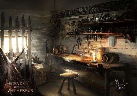 Blacksmith Workshop Concept, Fantasy Workshop, Blacksmith Workshop, Fantasy Shop, Fantasy Rooms, Guided Art, Blacksmith Shop, Castles Interior, Studio Table