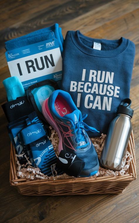 Birthday-themed runner gift baskets with recovery tools and celebratory items. Marathon Gift Basket, Runners Gift Basket, Marathon Gift, Birthday Idea, Gifts For Runners, Gift Basket Ideas, Basket Ideas, Birthday Celebrations, Birthday Fun