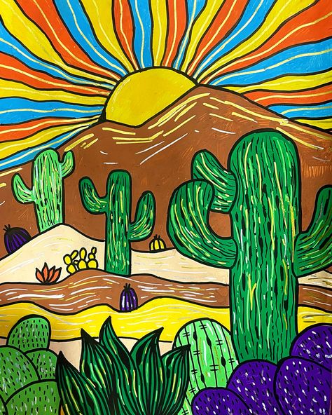 Painting Ideas Mexican, Mexico Drawing Ideas, Easy Western Paintings, Mexican Paintings Ideas, Cactus Mural, Cacti Painting, Desert Drawing, Mexican Paintings, Western Paintings