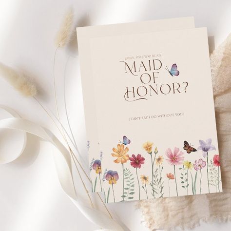 Simple Colorful Wildflower Be My Maid of Honor Invitation Will U Be My Bridesmaid, Spring Wedding Bridesmaids, Maid Of Honor Invitation, Wildflower Weddings, Bridesmaid Proposal Diy, Etsy Invitations, Colorful Wedding Invitations, Be My Maid Of Honor, Maid Of Honor Proposal