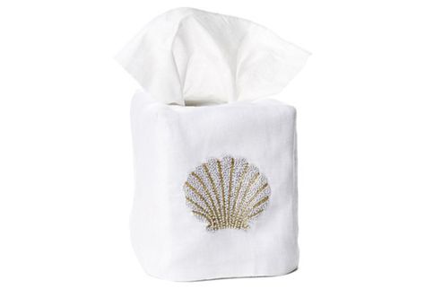 Scallop Shell Linen Tissue Box Cover Kleenex Box, Tissue Box Holder, Scallop Shell, French Knots, Boutique Collection, Tissue Box Cover, Scallop Shells, Fine Linen, Tissue Box Covers