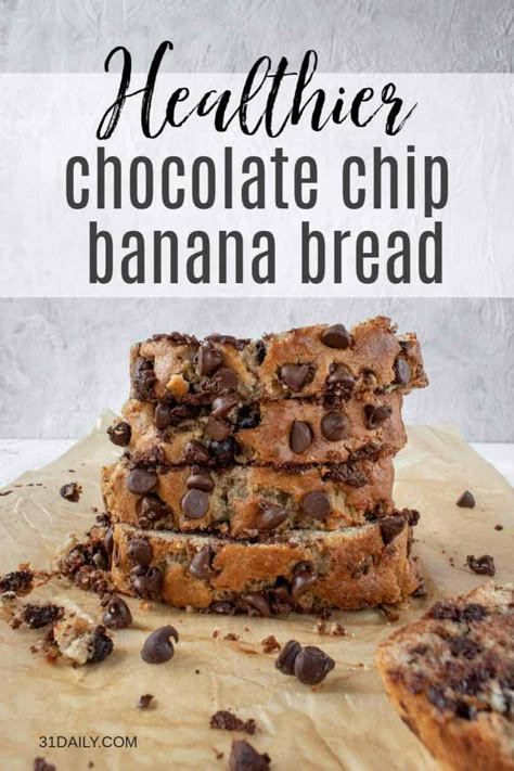 This Chocolate Chip Banana Bread recipe is moist and tender and homey and delicious with melty chocolate and fresh bananas with a hint of maple cinnamon. Healthier Chocolate Chip Banana Bread | 31Daily.com #quickbread #bananabread #chocolatechips #comfortfood #31Daily Healthy Banana Dessert, Chocolate Covered Banana Bites, Healthy Banana Bread Recipe, Chocolate Chip Banana Bread Recipe, Banana Bread Recipe Healthy, Chocolate Chip Bread, Healthy Chocolate Chip, Chocolate Chip Banana, Banana Dessert