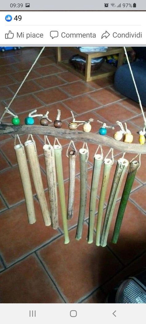 I Love Forest School | Woodland wind chime, this uses bamboo but Elder might be worth a go, even if you cant entirely push the pith out with a knitting needle it tends to de... | Facebook Music Instruments Diy, Carillons Diy, Funny Sounds, Homemade Musical Instruments, Wind Chimes Homemade, Homemade Instruments, Bamboo Wind Chimes, Diy Instruments, Bamboo Art