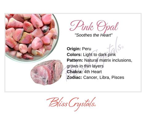 Pink Opal Crystal, Crystal Information, Crystals Pink, Crystal Healing Chart, Selenite Wands, Crystals Healing Properties, Medicine Bag, Information Card, Crystal Magic