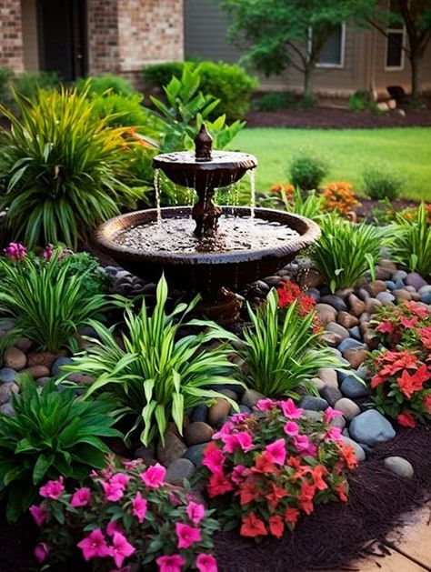 Small Garden With Fountain, Front Yard Fountain, Yard Fountain, Driveway Edging, Landscaping With Fountains, Walkway Landscaping, River Rock Landscaping, Fountains Backyard, Front Yard Garden Design