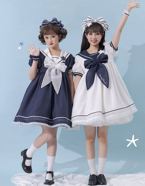 New Release: 【-The Stars Above The Island-】 #SailorLolita OP Dress Tribe Fashion, Vintage Girls Clothes, Sailor Costume, Haute Couture Dress, Shopping Link, Op Dress, Fashion Feminine, Sailor Dress, Quirky Fashion