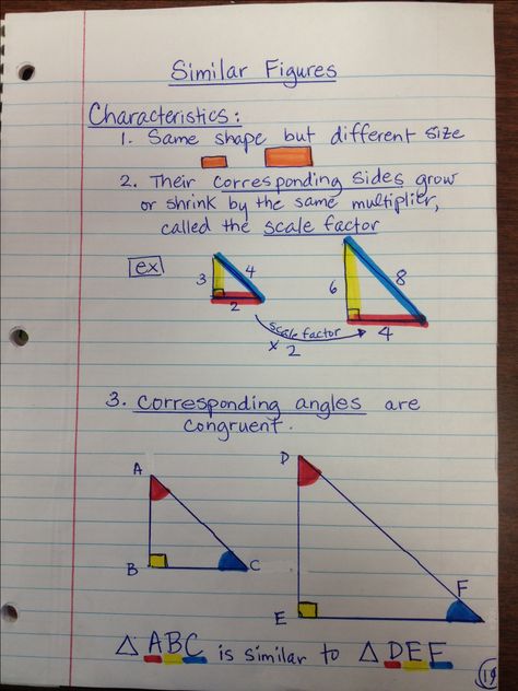 Notes on Similarity for interactive notebook Geometry Interactive Notebook, Scale Factor, Analytic Geometry, Geometry Notes, 7th Grade Math Worksheets, Interactive Math Notebooks, Interactive Notebook Ideas, Similar Triangles, Math Foldables