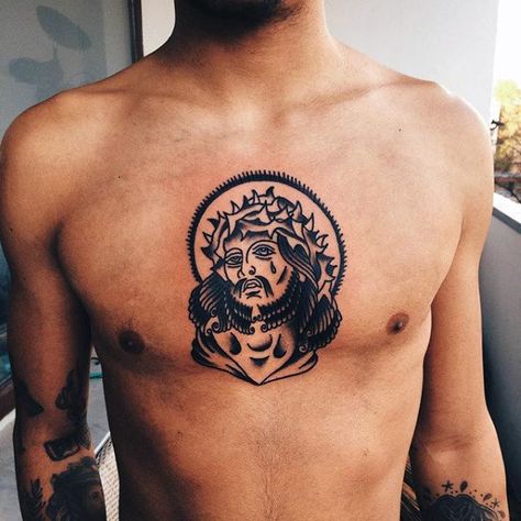 Jesus Chest Tattoo, Traditional Tattoos For Men, Chest Tattoo Designs For Men, Christus Tattoo, Traditional Tattoo Man, Jesus Tattoo Design, Flower Tattoo On Side, American Traditional Tattoos, Christ Tattoo