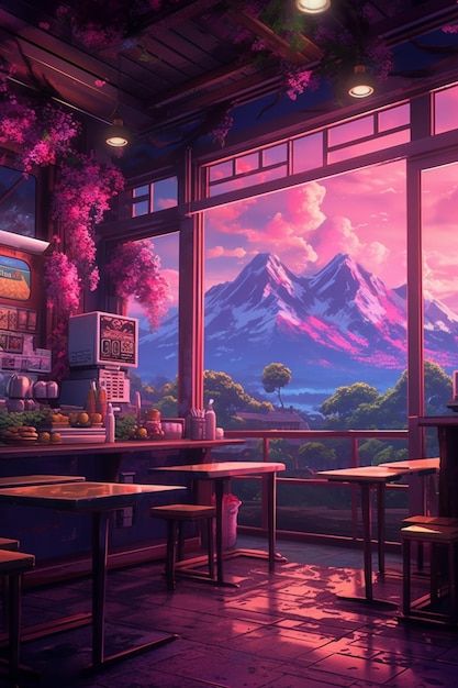 Foto un cuadro de un restaurante con mon... | Premium Photo #Freepik #photo #bistro #restaurante #cafe-bar Anime Bar, Sweet Dream Bedroom Style, Anime Oc, Vintage Wallpaper, Cafe Bar, Scenery Wallpaper, Dream Room, Premium Photo, Galaxy Wallpaper