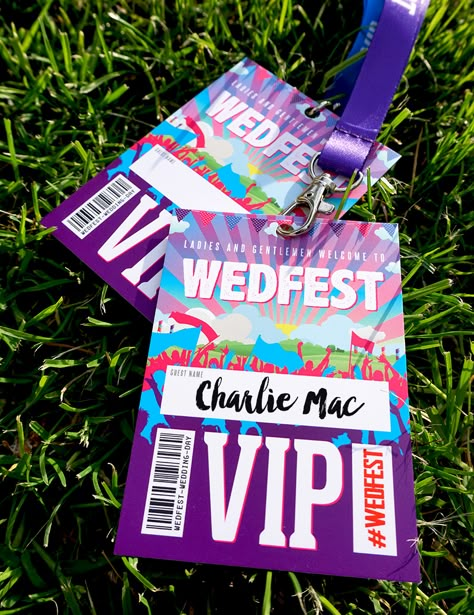 festival wedding place names festival lanyards wedfest Festival Wedding Invitations, Corporative Events, Place Name Cards, Festival Themed Wedding, Favours Wedding, Wedding Place Names, Custom Lanyards, Festival Theme, Vip Pass