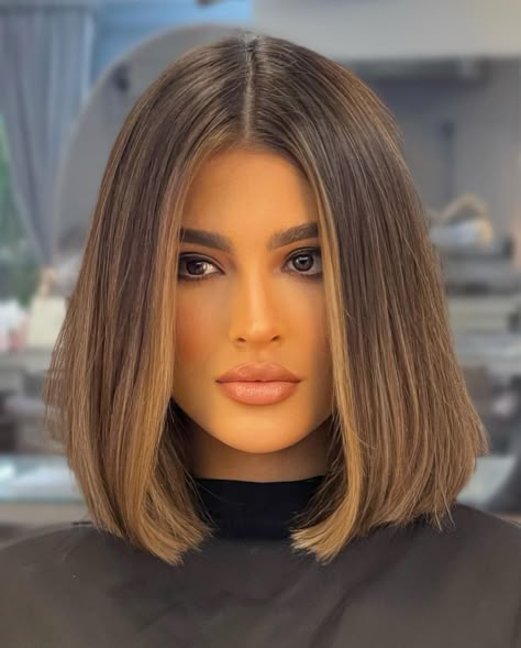 Classic Bob with Money Piece and Babylights Long Asymmetrical Bob, Short Hair Brown, Bob Hair Color, Brunette Hair With Highlights, Short Brown Hair, Long Bob Haircuts, Lob Hairstyle, Lob Haircut, Highlights Brown Hair