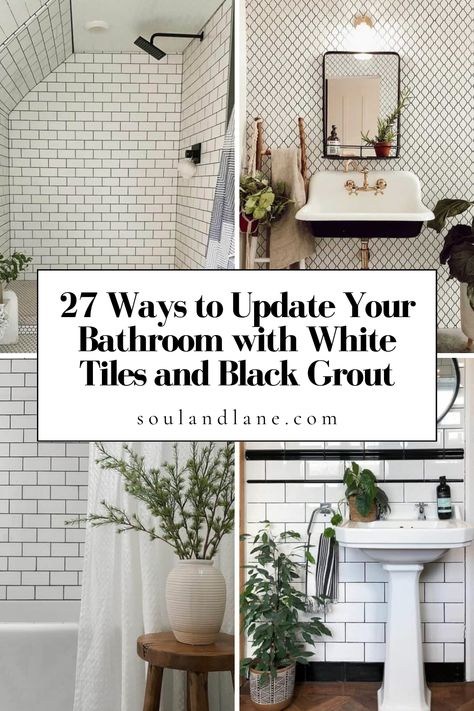 Give your bathroom an elegant makeover with the striking contrast of white tiles and black grout. This design choice not only emphasizes the clean lines of the tiling but also offers a sophisticated backdrop for your bathroom decor. Mix different tile shapes and sizes to add depth and dimension to the space. Pair this bold tiling with soft, warm lighting and lush green plants for a serene retreat feel. The result is a stylish, contemporary bathroom that stands out with its simplicity and eleganc Black Grout White Tile Bathroom, White Subway With Black Grout, White Tile With Dark Grout, White Tile Black Grout Bathroom Floor, Black Grout White Tile, White Tile With Black Grout, White Tile Black Grout Bathroom, White Tile Black Grout, White Tile Bathroom Floor