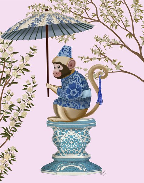 Add a little eastern flaire with our chinoiserie collection, a classic style that never goes out of date. Chinese Monkey sitting on an oriental plinth holding a decorative parasol. Chinoiserie Artwork, Chinese Monkey, Chinese Style Illustration, Monkey Sitting, Chinoiserie Prints, Vintage Asian Art, Royal Pattern, Chinoiserie Art, Monkey Print