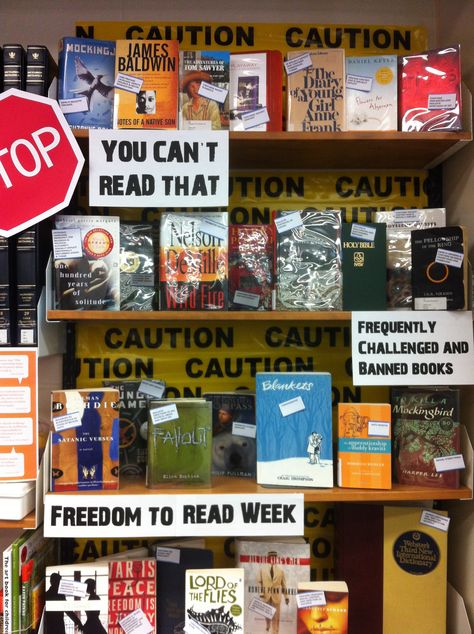 My Middle and Upper School library 'Freedom to Read' display this past year. I added the reasons why that particular book had been banned or challenged on the small tags on each front cover. Freedom To Read Week Display, Banned Books Library Display, Freedom To Read Display, Banned Book Display, Banned Books Display, Banned Books Week Display, School Library Book Displays, English Classroom Decor, Books Display