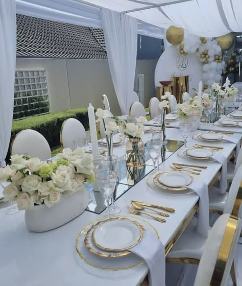 Ivory And Gold Party Decorations, Bridal Shower Tent Decor, Outdoor Mothers Day Brunch Ideas Decor, Royalty Themed Wedding Decor, Elegant Party Table Decor, Living Room Birthday Party Setup, Backyard Engagement Party Ideas Decorations Table Settings, Table Set Up For Wedding, Lobola Decor