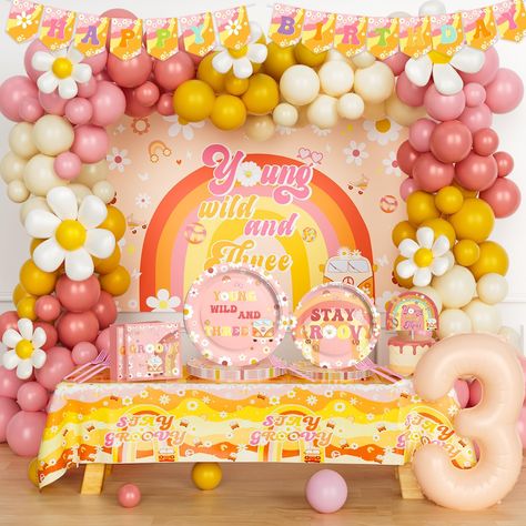 PRICES MAY VARY. ❤️ THE HIPPIE YOUNG WILD AND THREE BIRTHDAY –Who doesn't love a birthday party with vibrant colors decorations? Then use this hippie and groovy theme to celebrate your little girl turning three years old. The elements of this style are chic and unique. Everyone at the party will have a fantastic time and never forget the party. 🌼 YOUNG WILD AND THREE DECORATIONS INCLUDES - 100 x 12’’ latex balloons | 50 x 5’’ latex balloons | 6 x daisy foil balloons | 1 x number foil balloon | Girls Third Birthday Party Theme, Young Wild And Three Birthday Decor, Wild And Three Birthday Girl, Young Wild And Three Birthday Girl, 3 Year Birthday Theme Girl, Three Year Old Birthday Party Girl, Young Wild And Three, Young Wild And Three Birthday, Third Birthday Girl