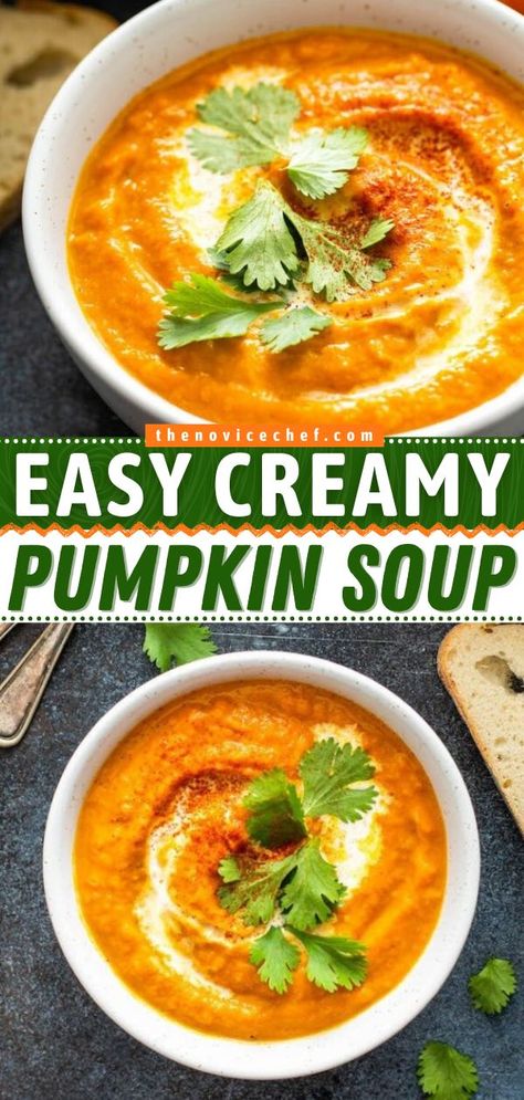 Creamy Pumpkin Soup, fall, pumpkin recipes Thanksgiving Appetizers For Kids, Crockpot Pumpkin Soup, Fun Thanksgiving Appetizers, Pumpkin Soup With Canned Pumpkin, Festive Christmas Appetizers, Soup Without Cream, Creamy Pumpkin Soup Recipe, Pumpkin Soup Recipe Easy, Pumpkin Soup Easy