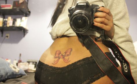 My lower-back tattoo. A cute pink bow-tie hihihihi x Bow Tattoo Lower Back, Bow Lower Back Tattoo, Tattoo Lower Back, Lower Back Tattoo, Back Tats, Back Piercings, Bow Tattoo, Ink Inspiration, Pink Bow Tie