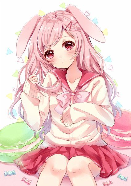 Anime picture 				678x958 with  		original 		sakura hiyori 		long hair 		single 		tall image 		blush 		looking at viewer 		white 		fringe 		sitting 		pink hair 		purple hair 		animal ears 		pink eyes 		pleated skirt 		bent knee (knees) 		bunny ears 		head tilt 		adjusting hair 		gradient hair Rabbit Wallpaper, Moe Anime, Bunny Drawing, Anime Animals, Bunny Ears, Bunny Girl, Naruto And Sasuke, Animal Ears, Kawaii Art