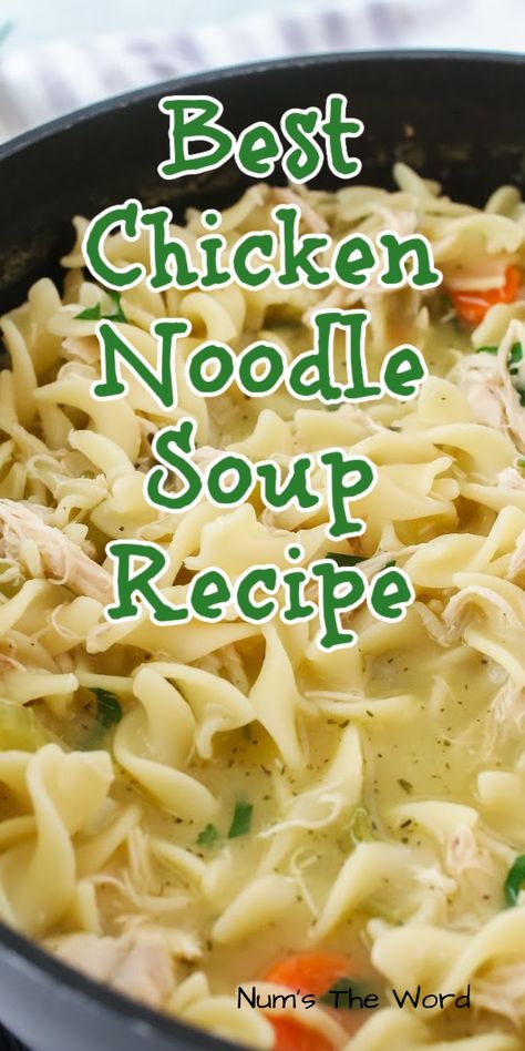 Homemade Chicken Noodle Soup is one of the best soups on the planet! It’s a down home comfort can’t be beat and on a sick day is just what your body needs! #numstheword #chickennoodlesoup #homemade #winter #familydinner Quick And Easy Dinner Recipes When Sick, Homemade Chicken Noodle Soup Healthy, Knotts Chicken Noodle Soup, Soup While Sick, Easiest Chicken Noodle Soup, Healthy Soup When Sick, Chicken Noodle Soup Homemade Noodles, Mennonite Chicken Noodle Soup, Chicken Soup Recipes For Sick