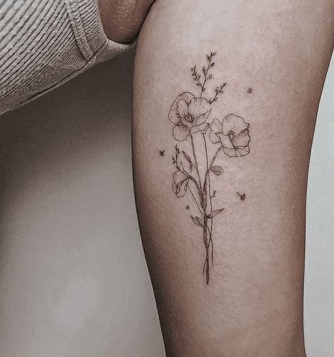 Poppies And Butterfly Tattoo, Poppy Tattoo Forearm, Fine Line Poppy Tattoo Arm, Butterfly Poppy Tattoo, Poppy Hand Tattoo, Fine Line Carnation Tattoo, Poppy Bouquet Tattoo, Carnation Tattoos, Flower Arm Tattoos For Women