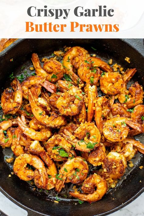 These crispy garlic prawns are simply the BEST! This recipe is a combination of two of my favourite dishes - Hawaiian garlic shrimp and Spanish prawns (gambas al ajillo) - taking the best from each. Seasoned, crispy buttery prawns coated in garlicky oil and drizzled with a touch of lemon. The flavours are out of this world! Spanish Garlic Prawns, Spanish Prawns, Hawaiian Garlic Shrimp, Dairy Free Cooking, Crispy Garlic, Garlic Prawns, Mind Diet, Prawn Shrimp, Prawn Recipes