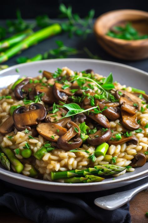 A delicious and creamy vegan risotto with mushrooms and asparagus. Risotto Photography, Mushroom Asparagus Risotto, Fantasy Recipes, Orzo Risotto, Asparagus Risotto, Vegan Risotto, Vegetable Risotto, Vegan Mushroom, Mushroom Risotto