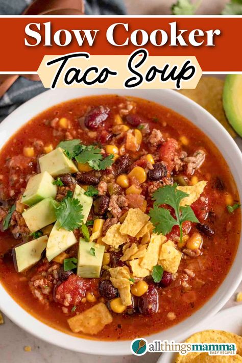 A bowl of slow cooker taco soup topped with avocado, tortilla chips, and cilantro, showcasing vibrant colors and hearty ingredients. Slow Cooker Mexican Recipes, Slow Cooker Taco Soup, Breakfast Waffle Recipes, Slow Cooker Taco, Chili Rice, Taco Chili, Dry Ranch Seasoning, Easy Taco Soup, Taco Soup Recipe