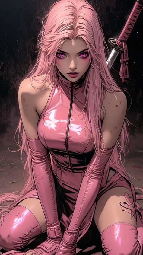 Pink Ninja, Pink Warrior, Trippy Cartoon, Female Ninja, Female Vampire, Ninja Art, Cute Tumblr Wallpaper, Female Art Painting, Character Poses