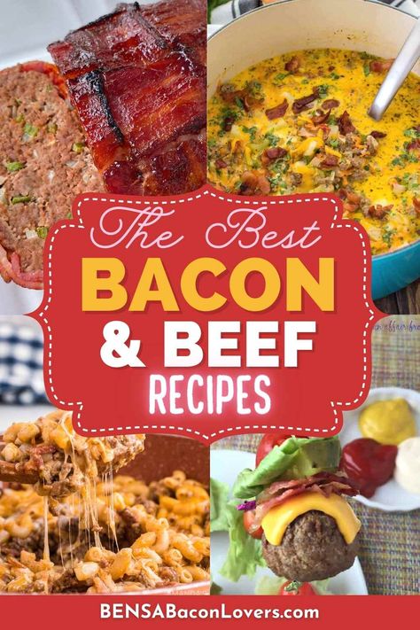 bacon wrapped meatloaf, cheeseburger soup, bacon meatballs, macaroni casserole with bacon and ground beef. Beef Bacon Recipes, Beef And Bacon Recipes, Bacon Stew, Mini Meatloaf Recipe, Bacon Wrapped Beef, Bacon Wrapped Meatballs, Bacon Cheeseburger Meatloaf, Mini Meatloaf Recipes, Bacon Wrapped Filet