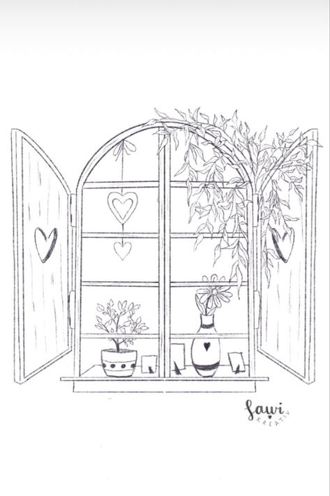 Window Drawing Sketch, Windows Drawing Sketch, Outside The Window Drawing, Open Window Drawing, How To Draw An Open Window, Window Flower Box Drawing, Drawing Windows, Window With Flowers Drawing, Window Drawings