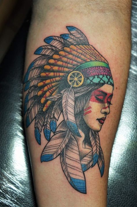 Native Indian Tattoo Design, Native American Tattoos For Women, Traditional Tattoo Indian, Indian Head Tattoo, Indian Headdress Tattoo, Indian Women Tattoo, Native Indian Tattoos, Cactus Tattoos, Indian Girl Tattoos