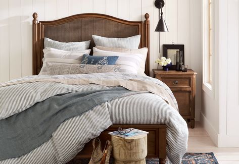 Get the Look: Refined Rustic | Garnet Hill Four Post Bed, Cane Bed, Rustic Bedding, Garnet Hill, Modern Country, Beautiful Drapes, California King, Bedding Collections, Duvet Comforters