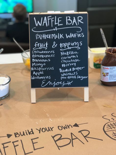 Waffle Bar Toppings, Waffle Bar Ideas, Camp Foods, Christmas Waffles, Coffee Bridal Shower, Pancake Bar, National Waffle Day, Combined Birthday Parties, Backyard Dinner