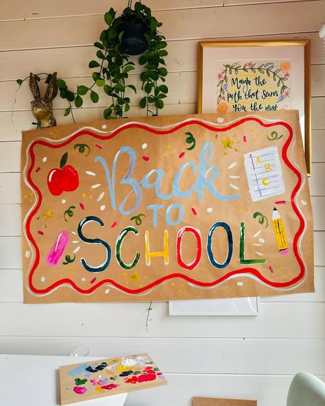 Giant Banners Recycled paper banners, I paint, roll and post - you just provide the blue tac! You know what to do 👏🏻🫶🍋 Clair x #eventdecor #backtoschool #firstdayatschool #babygirl #babyboy #firstbirthday #celebration #handlettering Back To School Painted Sign, Welcome Back To School Painted Banner, Painted Banner School, Teacher Banner Classroom Decor, Back To School Brown Paper Banner, Back To School Paper Banner, Back To School Decoration Ideas For Home, Back To School Hand Painted Banner, Welcome Back To School Posters Ideas