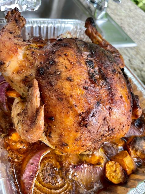 Bbq Roasted Chicken, Whole Chicken On Grill, Grilled Whole Chicken Recipes, Grill Whole Chicken, Whole Chicken On The Grill, Bbq Whole Chicken, Oven Roasted Whole Chicken, Roast A Whole Chicken, Grilled Whole Chicken