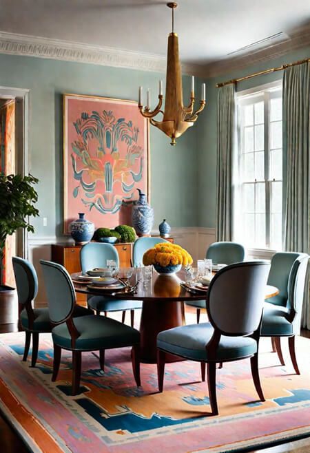 How to decorate with many colors. eclectic maximalism.  Colorful eclectic home. Colorful interiors. Colorful rugs. Colorful home decor. Colorful houses interior. Colorful room decor. Colorful room ideas. colorful dining room. pink. orange. gray. navy. blue. Blue Color Room, Small Colorful Dining Room, Dining Room Funky, Teal Dining Room Ideas, Cafe Style Dining Room, Sophisticated Home Decor, Dining Rooms With Wallpaper, Colorful Dining Room Ideas, Painted Dining Room