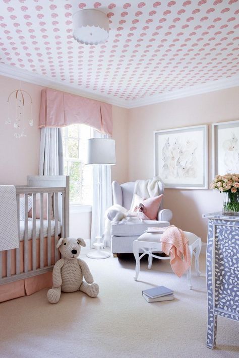 A nursery designed by Dan Mazzarini. The crib is by RH, with a custom-made skirt in Rogers & Goffigon glazed linen. The chair is by Pottery Barn. | archdigest.com Bright Nursery, Fantasy Bedroom, Ceiling Wallpaper, Wallpaper Ceiling, Kids Rooms Diy, Kid Room, Big Girl Rooms, Boys Bedrooms, Baby's Room