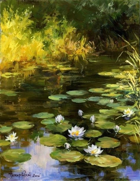 Lake With Water Lilies, Paintings Of Ponds, Forest Pond Painting, Water Scenery Paintings, Fairycore Painting Ideas, Lake With Lily Pads, Rennaisance Paintings Art, Lilypad Drawing, Water Lily Pond Painting