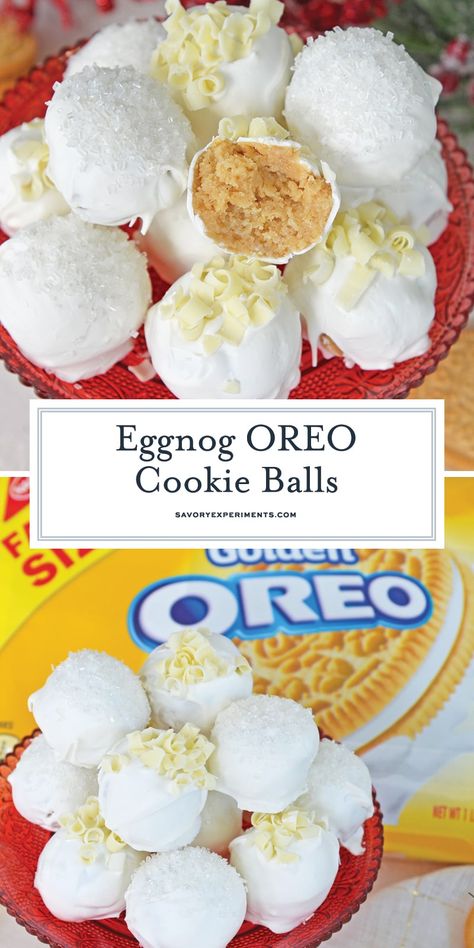 Eggnog flavored OREO cookie balls are just as tasty as the original OREO truffles, but use cinnamon, nutmeg and eggnog. #OREOballs #OREOtruffles #eggnog www.savoryexperiments.com Oreo Balls For Fall, Oreo Ball Flavors, Eggnog Truffles Easy, Vanilla Oreo Balls, How To Dip Oreo Balls, Thanksgiving Oreo Balls, Cake Truffle Balls, Fall Truffles, Oreo Bon Bons