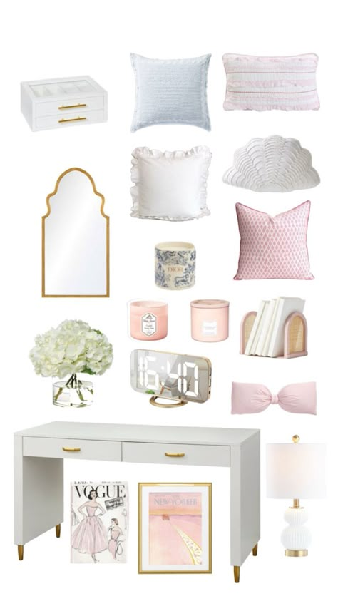 Pink blue white clean girl coastal gouge lace ruffle coquet beachy teen girl bedroom gold flowers Room Ideas Rich Aesthetic, Light Blue White And Gold Bedroom, Pink White And Blue Bedroom, Light Preppy Room, Blue White And Pink Bedroom, Beachy Pink Bedroom, White Preppy Room, Clean Beachy Room, Teen Preppy Bedroom