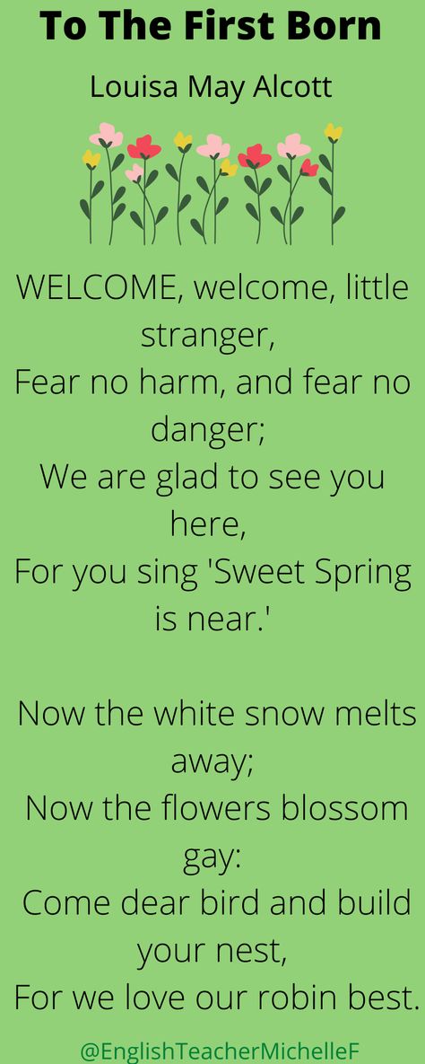 The classic children's poem To The First Born, by the American writer Louisa May Alcott. The poem is about nature and spring, and has an easy couplet rhyme scheme that will help with your child's pronunciation and fluency. Poem About Spring, Greek Myths For Kids, Learn To Read English, Rhyming Couplet, Spring Poem, Learn English For Free, Nature Poem, Childrens Poems, Childrens Poetry